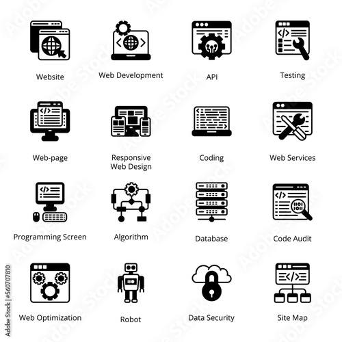 Website, Web Development, API, Testing, Programming Screen, Algorithm, Database, Code Audit, Data Security, Site Map, Web Page, Responsive Web Design, Coding, Glyph Icons - Solid, Vectors