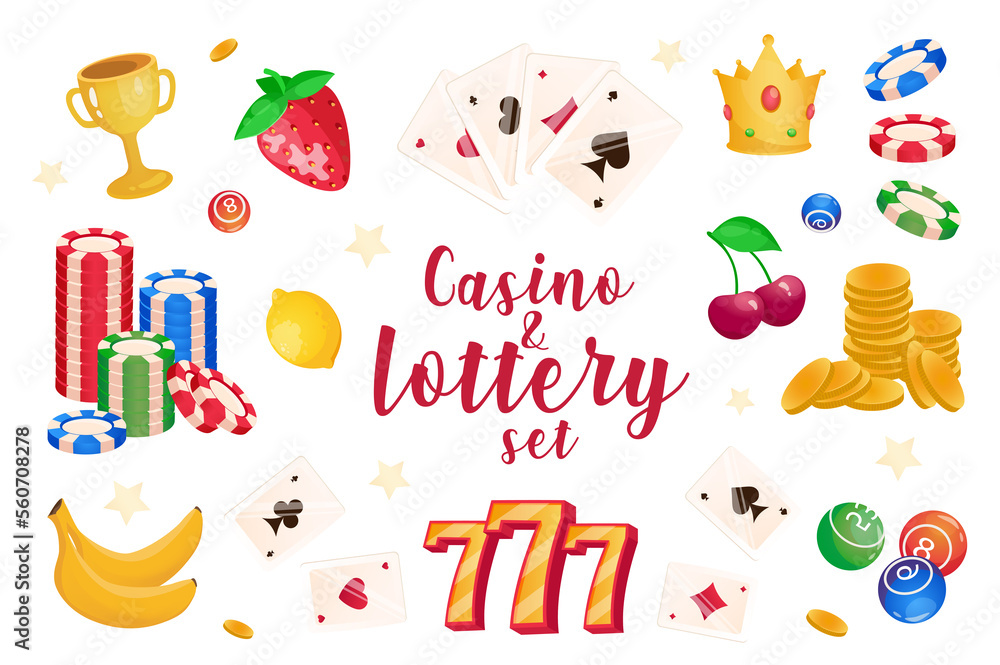 Casino set with isolated elements in flat cartoon design. Bundle of winner cup, strawberry, poker cards and chips, crown, cherry, coins, balls, slot machine fruits and other. Casino set with isolated elements in flat cartoon design. Bundle of winner cup, strawberry, poker cards and chips, crown, cherry, coins, balls, slot machine fruits and other.