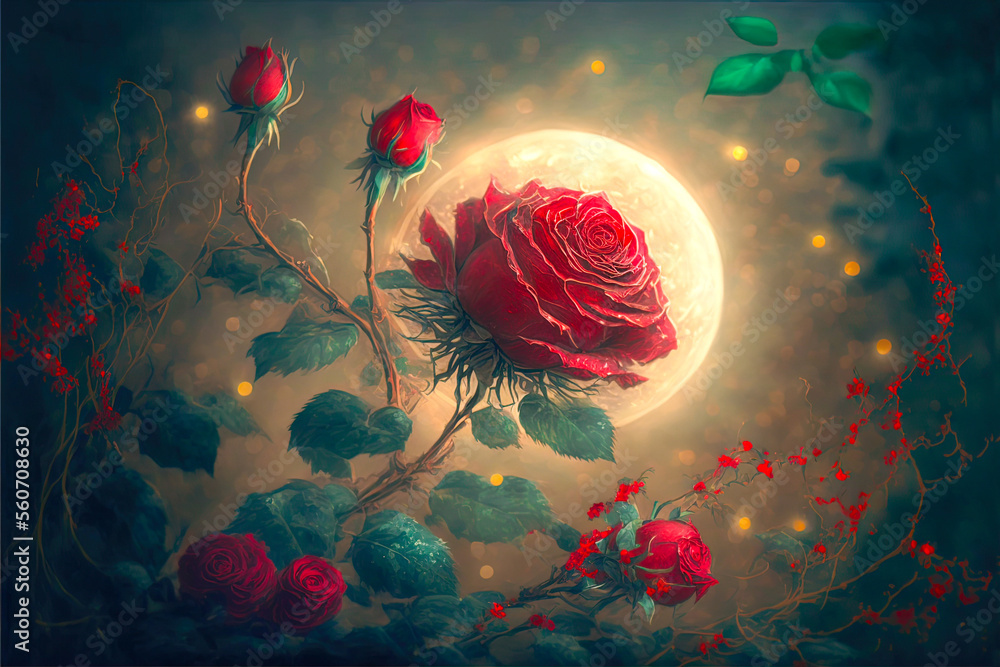 Bright red rose flower with green vines under the moonlight looks