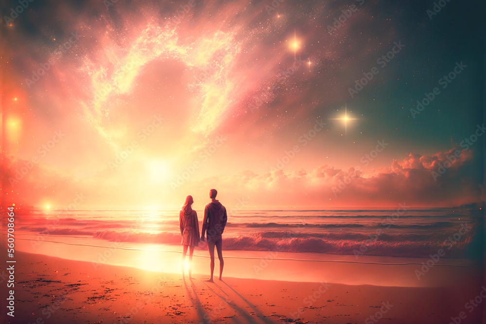 On the beach in the sunset, a couple in love and romantically walk on the beach, looking at the sky, the Milky Way sky is brilliant On the beach in the sunset, a couple in love and romantically walk on the beach, looking at the sky, the Milky Way sky is brilliant