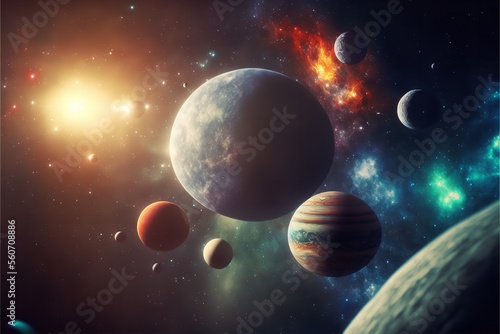 A backdrop of a solar system with planets and stars. Generative Ai.