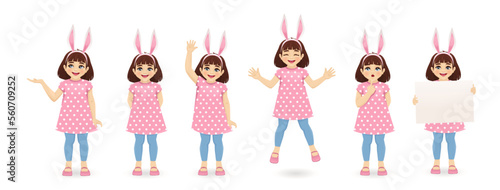 Fun little girl in bunny headband and pink dress different poses collection. Easter isolated vector illustration