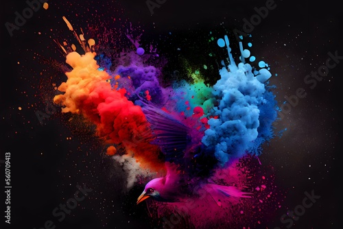 Colorful splashing bird of holi paint powder color on black background.Ai generated