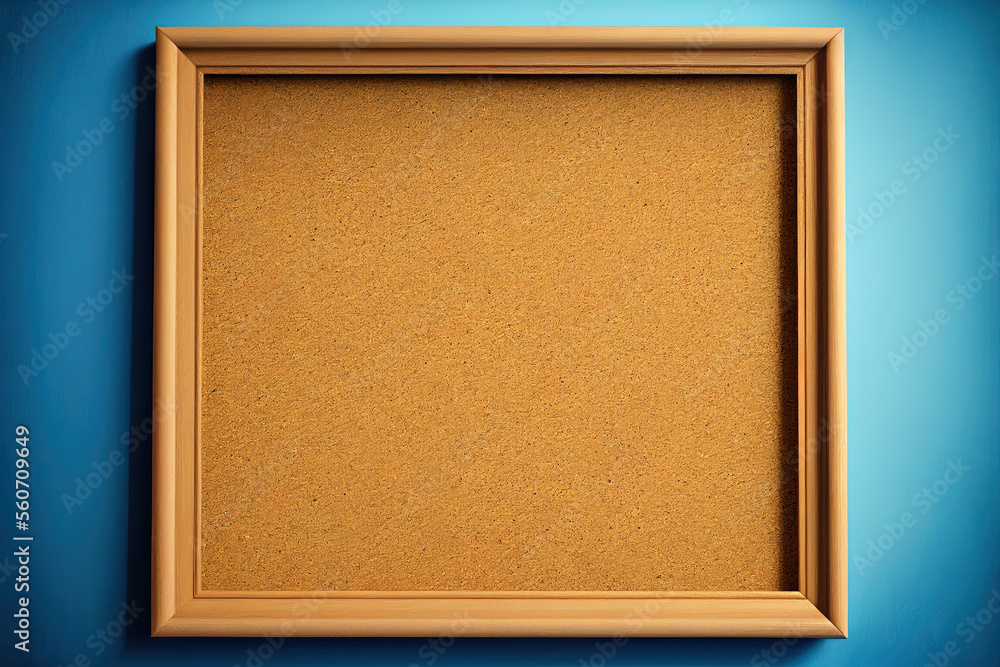 Fototapeta premium blank cork board in wooden frame on blue background, Generative AI