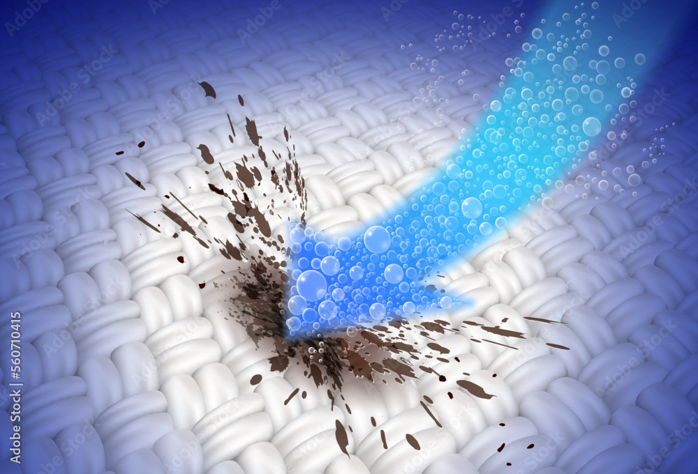 Power to remove stains on fabric fibers with detergent hydro arrows