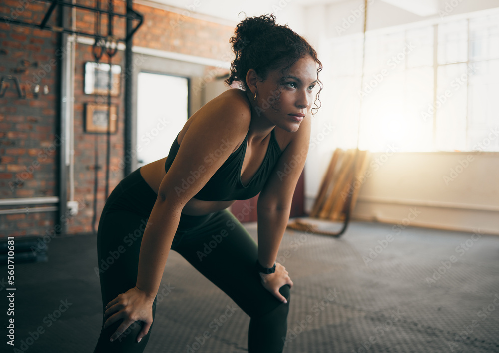 Fitness Exercise And Woman Tired At Gym After A Workout Or Training 
