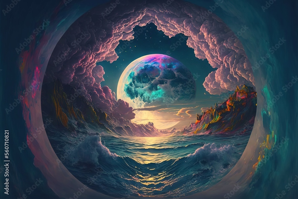 World within worlds - moon as a portal rift to another dimension in time and space with turbulent ocean waves and surreal clouds. Fantasy unreal sci-fi seascape - Generative AI illustration. - obrazy, fototapety, plakaty 