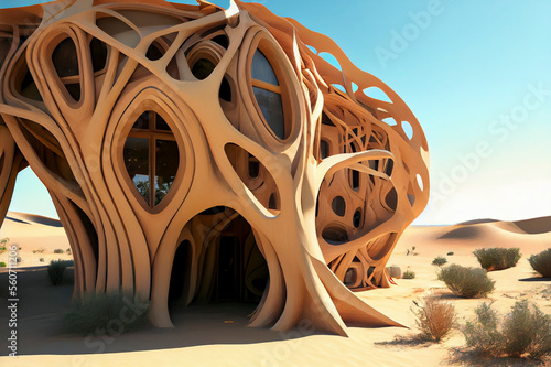 Fantasy house inside old wood in a desert, ai illustration