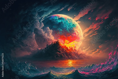 World within worlds - moon as a portal rift to another dimension in time and space with turbulent ocean waves and surreal clouds. Fantasy unreal sci-fi seascape - Generative AI illustration.