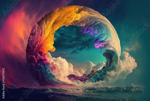 World within worlds - moon as a portal rift to another dimension in time and space with turbulent ocean waves and surreal clouds. Fantasy unreal sci-fi seascape - Generative AI illustration.