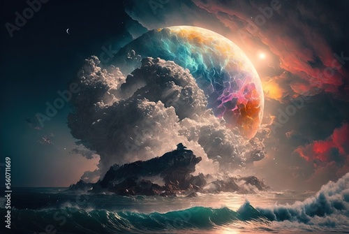World within worlds - moon as a portal rift to another dimension in time and space with turbulent ocean waves and surreal clouds. Fantasy unreal sci-fi seascape - Generative AI illustration.