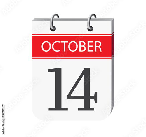 14 october calendar page vector. 3d one day calendar date appointment, deadline, event reminder illustration. Abstract three dimensional daily date appointment, agenda, event calendar. 