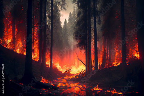 Forest fire disaster, orange flames burning trees, ai
