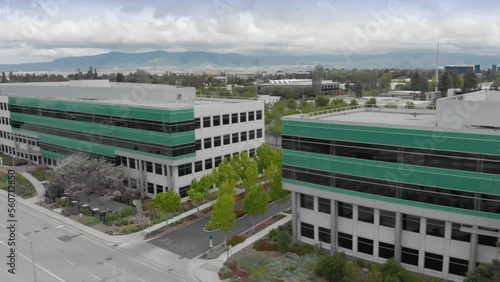 Aerial view of Google Campus. Shows the architecture and urban landscape. Sunnyvale, California, USA. 