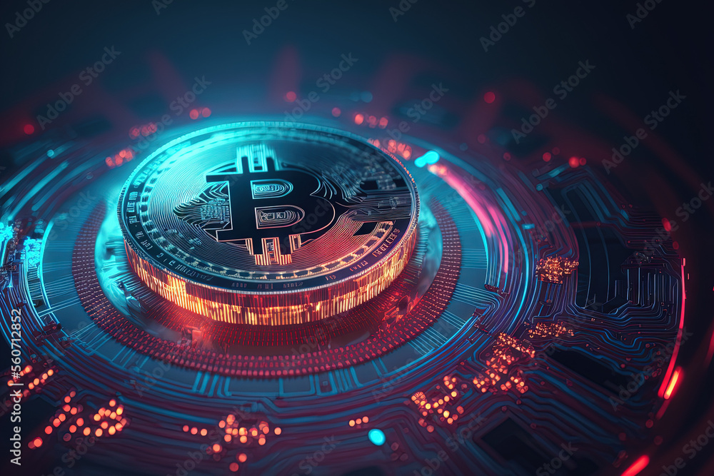 Bitcoin on vibrant bokeh light abstract background. Finance and technology concept. Generative AI