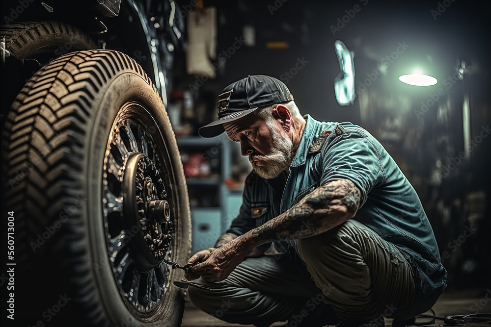 Automotive car mechanic working in the garage and changing a tire from light wheels. Repair or maintenance of auto service. AI generative

