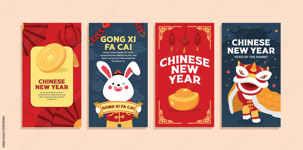 Hand drawn chinese new year instagram stories design collection