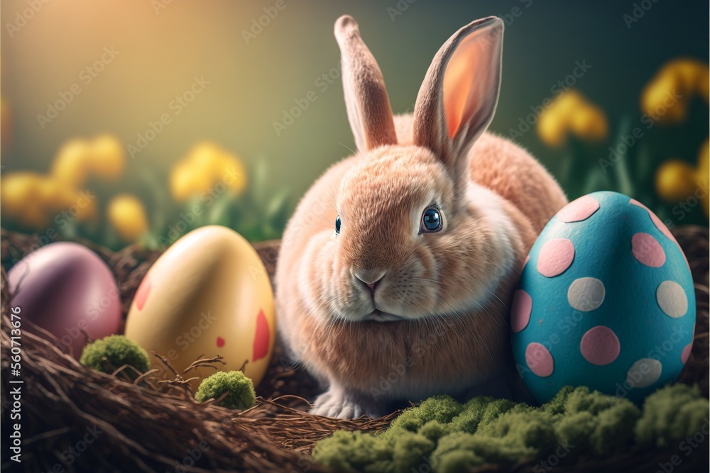 Easter bunny sitting in egg basket created with generative AI technology Easter bunny sitting in egg basket created with generative AI technology