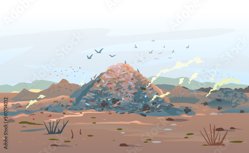 Garage dump concept with mountains of trash and flock of birds, unpleasant smell in an infinite landfill heap landscape as a background of environmental damage issues, environmental pollution