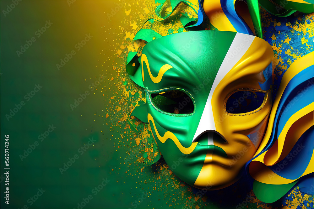 bright carnival mask in the colors of the brazilian flag, the concept of the festival and entertainment bright carnival mask in the colors of the brazilian flag, the concept of the festival and entertainment