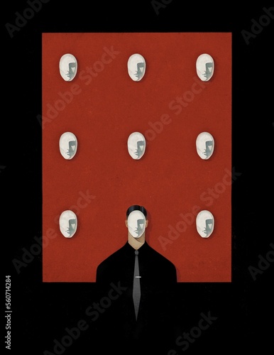 Man wearing theatrical mask to hide your real emotions in society