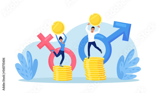 Gender gap and inequality between men and women salary, income. Businessman and businesswoman are standing on stack of money representing wages level. Gender diversification. Sexism and discrimination