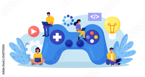 Game development, playing online. Creative process of computer video game design. Digital technology, programming. Programmers coding digital game. UI UX developers working on entertainment project