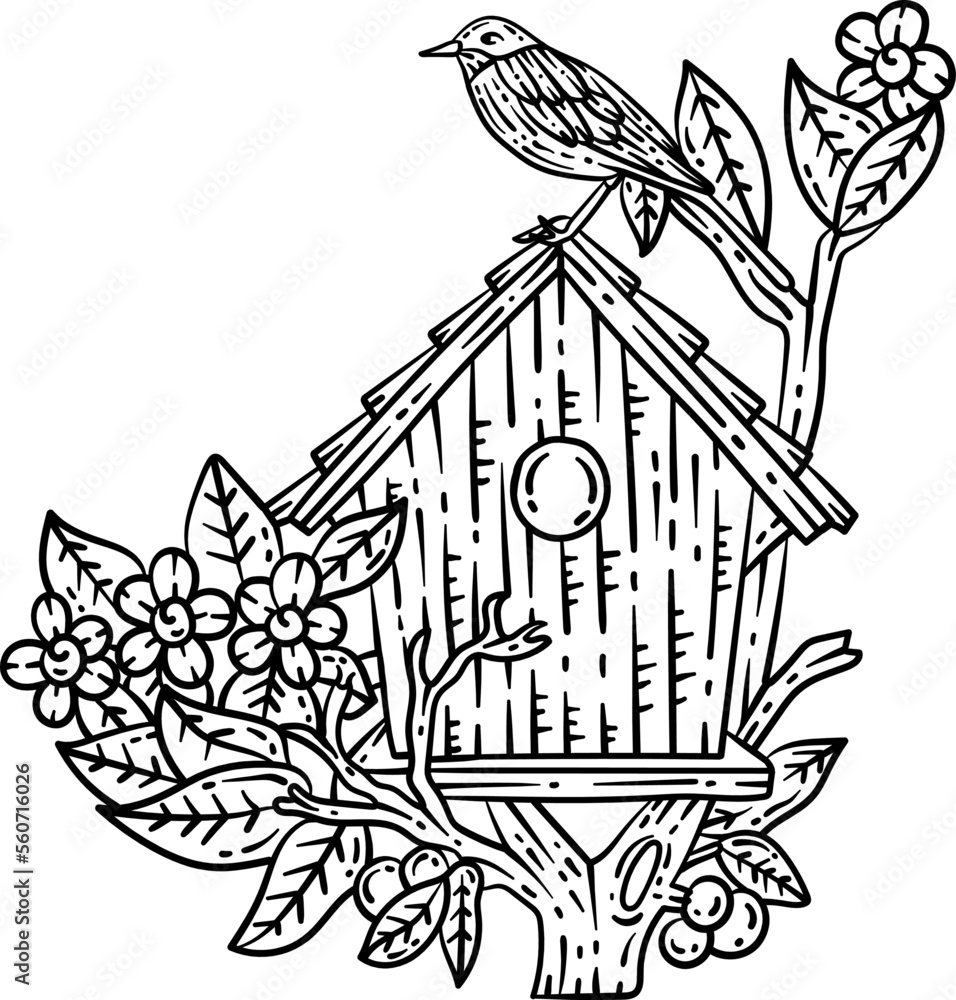 Bird House Spring Coloring Page for Adults