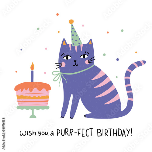 Canvas Print Hand drawn happy birthday card with funny cat with birthday cap and lettering Wish you a purfect Birthday