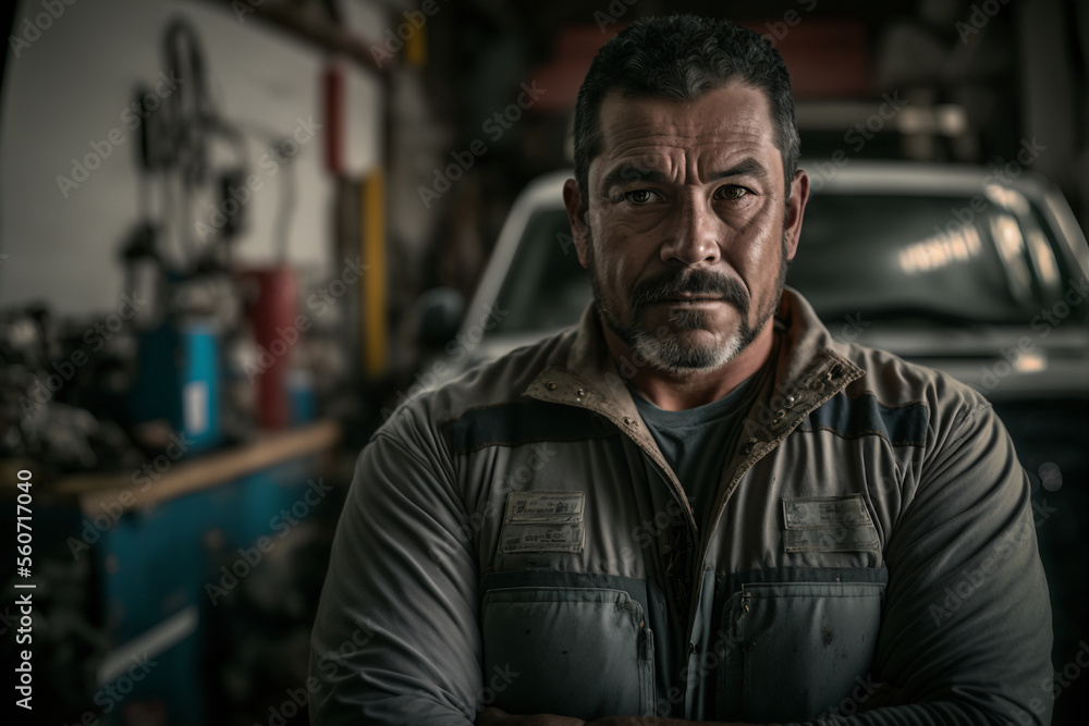 Portrait of car mechanic standing in the garage and prepare to repair or maintain engine or gearbox service. Epic cinematic lighting, golden hour. Generative AI Portrait of car mechanic standing in the garage and prepare to repair or maintain engine or gearbox service. Epic cinematic lighting, golden hour. Generative AI
