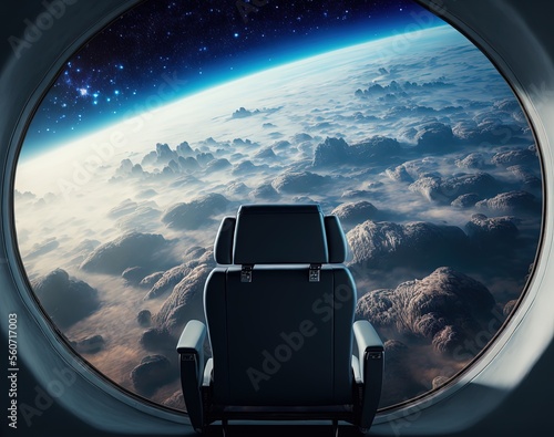 Fototapeta Naklejka Na Ścianę i Meble -   illustration of spacecraft control room center, big window show celestial space celestial view with planet, meteor, and light glow