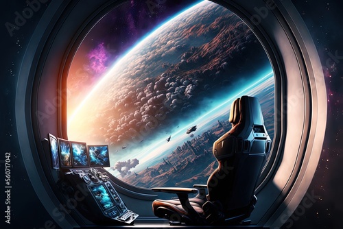 Fototapeta Naklejka Na Ścianę i Meble -   illustration of spacecraft control room center, big window show celestial space celestial view with planet, meteor, and light glow