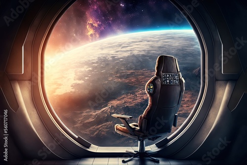 Fototapeta Naklejka Na Ścianę i Meble -   illustration of spacecraft control room center, big window show celestial space celestial view with planet, meteor, and light glow