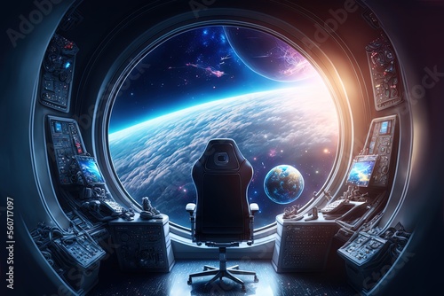 Fototapeta Naklejka Na Ścianę i Meble -   illustration of spacecraft control room center, big window show celestial space celestial view with planet, meteor, and light glow