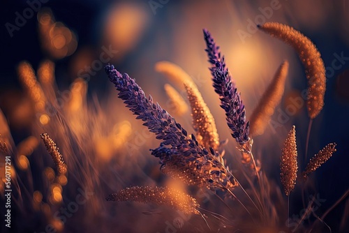 beautiful close up lavender flower with golden dry field as background 