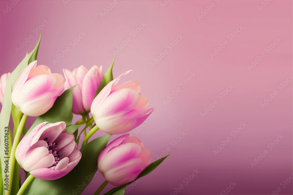 A festive bouquet of pink tulips with green leaves on a pink background. Generative AI, generative artificial intelligence