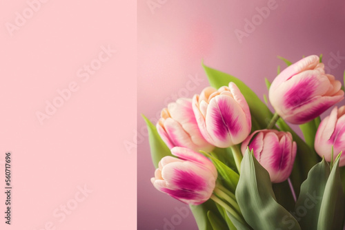 Wallpaper Mural A festive bouquet of pink tulips with green leaves on a pink background. Generative AI, generative artificial intelligence Torontodigital.ca