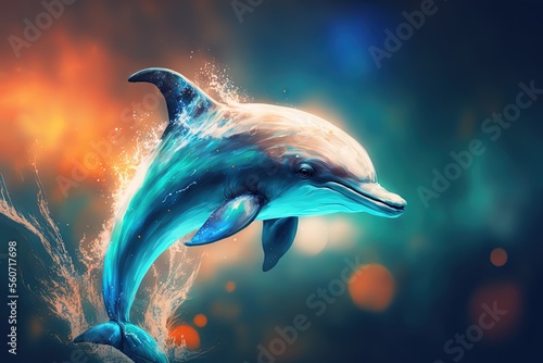 a dolphin jump off water with blur background, Generative Ai