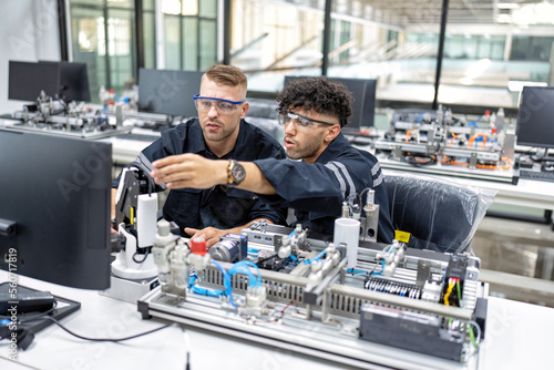 Engineer sitting in robot fabrication room quality checking electronic control board engineering