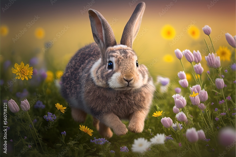  a rabbit is running through a field of flowers and daisies in the sunlight, with a blurry background of yellow and purple flowers, and white, and pink, with a yellow hue.