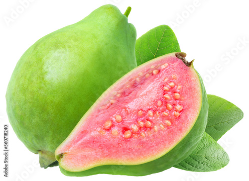 Fotografía One whole green guava and a half with pink flesh cut out
