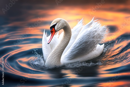 Fototapeta Naklejka Na Ścianę i Meble -  illustration of close up portrait shot of beautiful white swan swim in lake