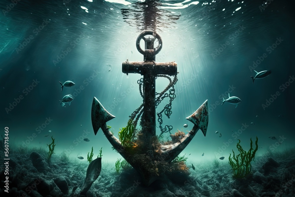 illustration of big iron anchor that abandoned at ocean floor with sung light shine through water surface	
 - obrazy, fototapety, plakaty 