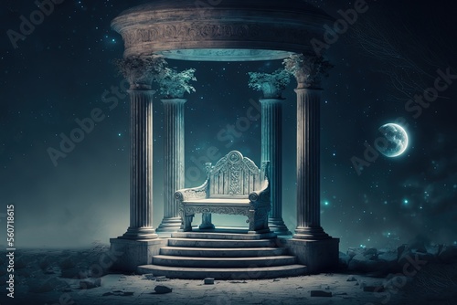 illustration of ancient throne seat at stone sanctuary with celestial on other dimension as background  divine heavenly blessing with glow blue light spirit fog