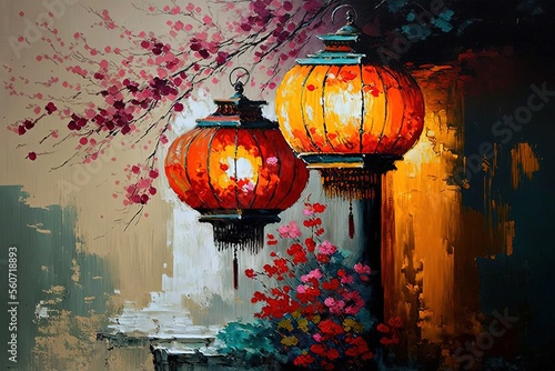 oil painting style illustration of lantern hanging on cherry blossom branch t...