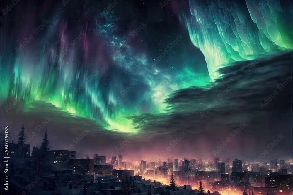 a night scene with a city and a large aurora bore in the sky above the city lights and clouds, and a green and purple aurora bore in the sky above the city lights,.