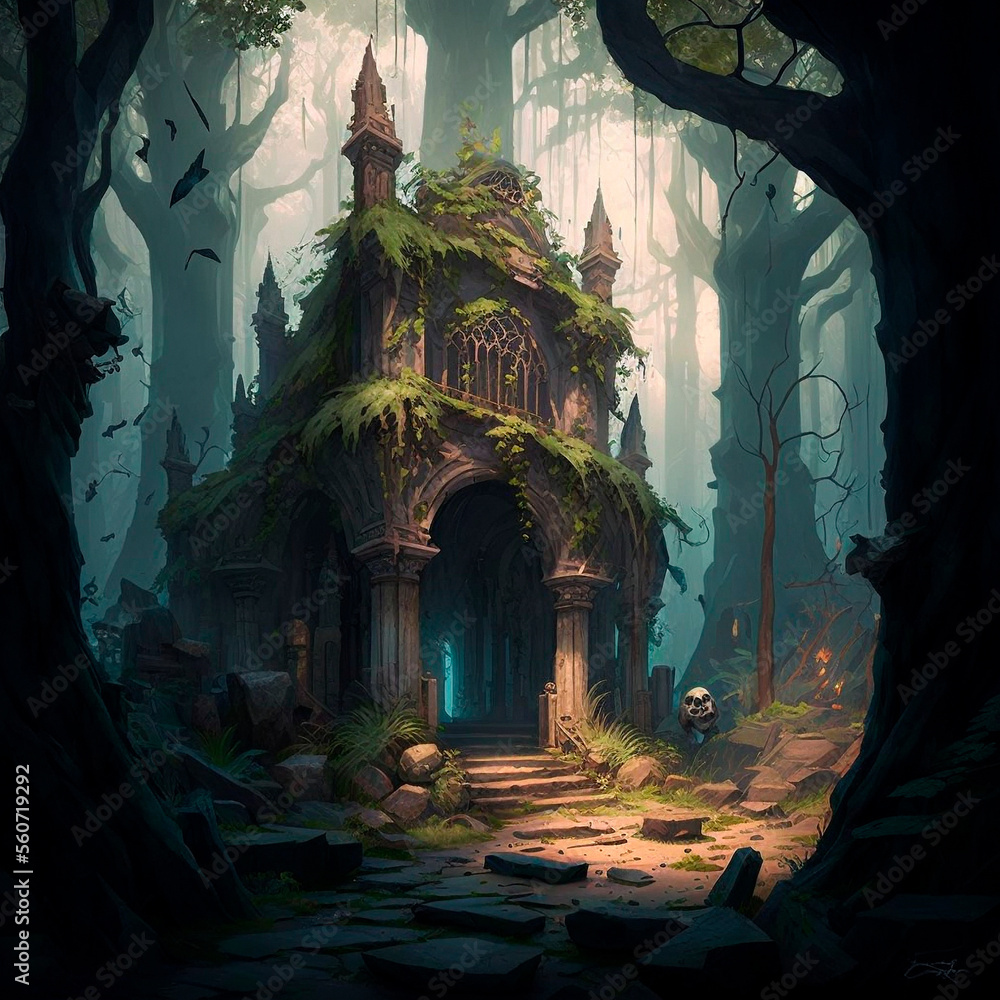 mysterious ruins in the forest. High quality illustration
