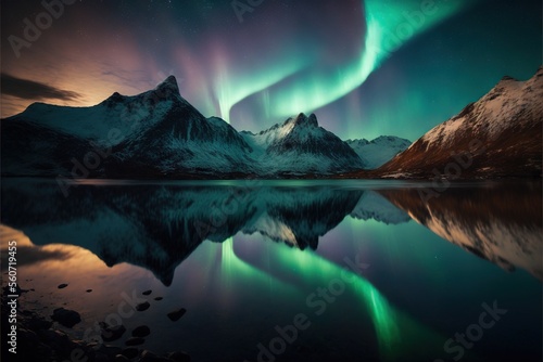  a mountain range with a lake and a green aurora light in the sky above it and a mountain range with a lake and a green aurora light in the sky above it, and a.