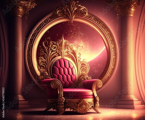 illustration of throne hall with light shine over pink gold throne.