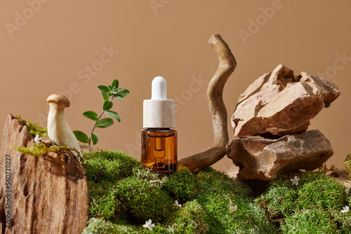 Glass bottle with cosmetic essential oil and natural stone stand photo